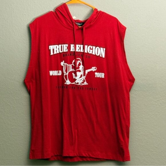 True Religion Men's Hooded Tank Top Red World Tour Buddha Logo Sz Medium - Picture 1 of 6